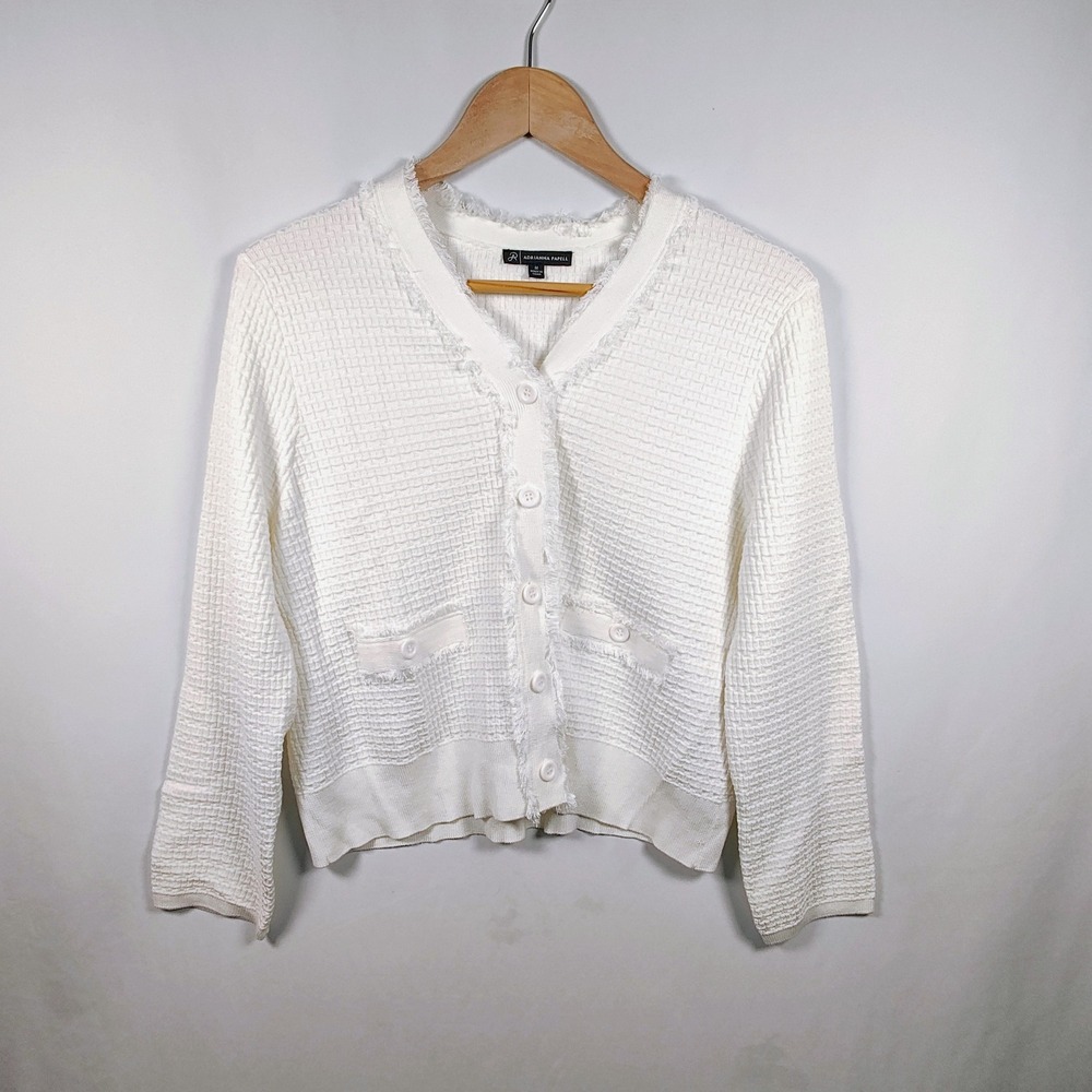 Adrianna Papell Women's Medium White Waffle Knit Fringed Cardigan Sweater